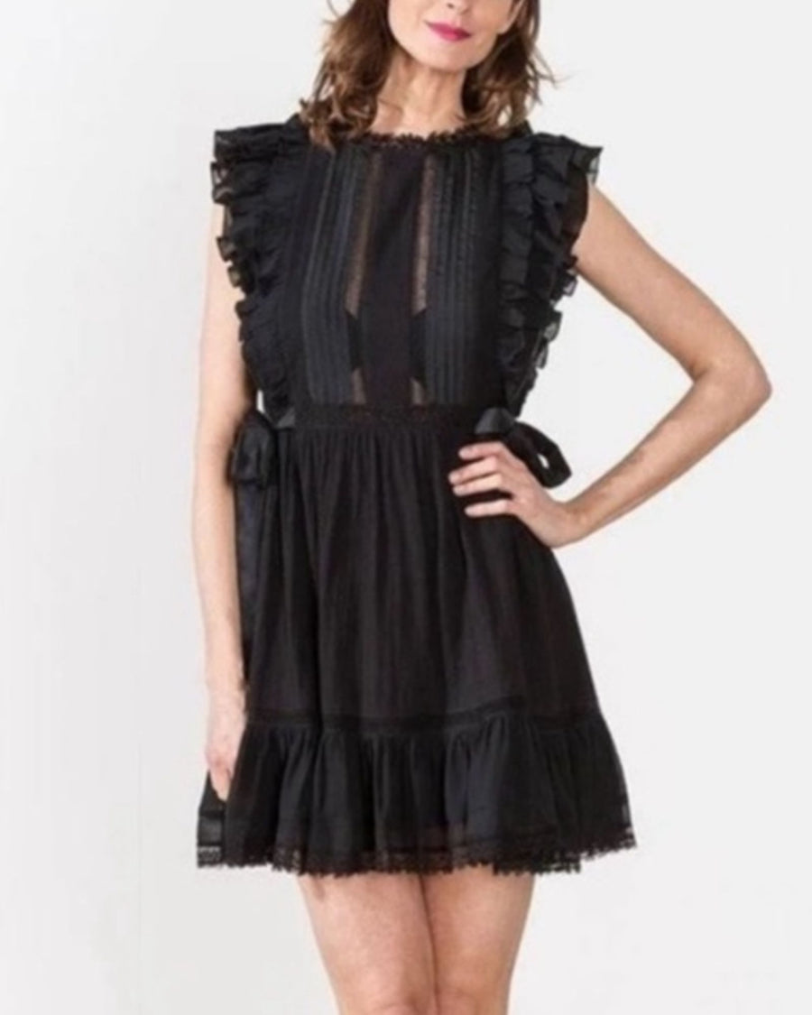 Ulla Johnson Henriette Black Lace Trim Side Tie Mini Dress