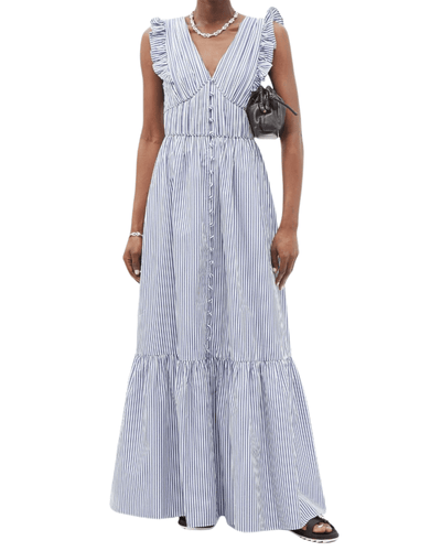 Ruffled V-Neck Striped Cotton- Poplin Maxi Dress