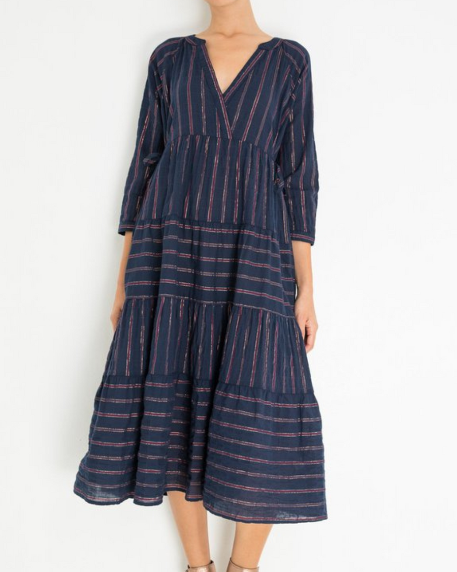 Beckett Metallic Navy Striped Midi Dress