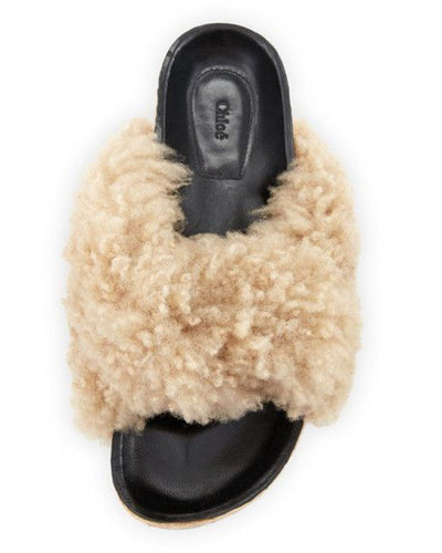 Chloé Shoes Medium | US 8 Shearling Fur Flat Slide Sandals