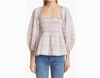 GANNI Clothing Small | 6 Check Seersucker Smocked Top