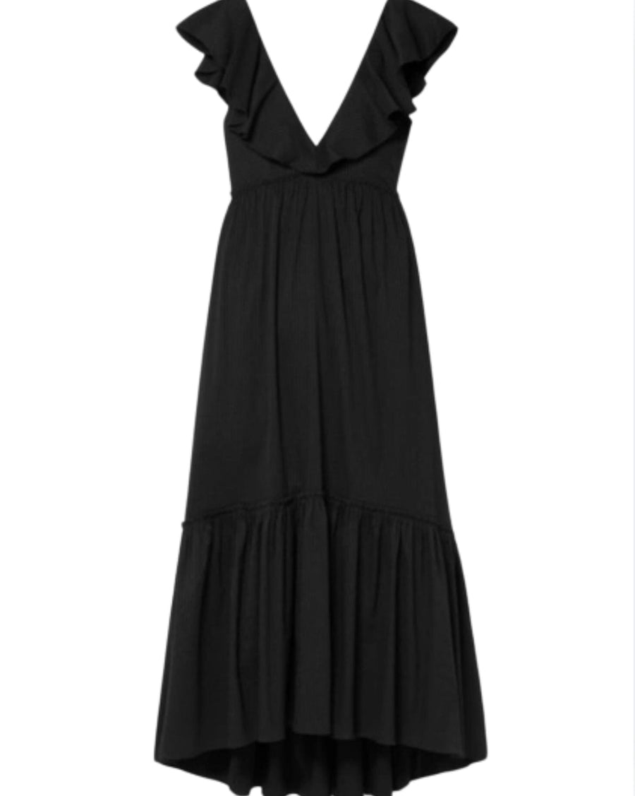 La Ligne Clothing XS "D'ete'" Ruffled Striped Cotton-Blend Poplin Maxi Dress in Black