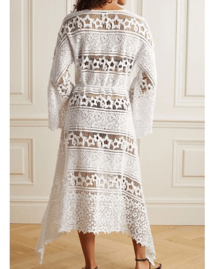 Miguelina Clothing Small White Raye Belted Corded Cotton-Lace Midi Dress