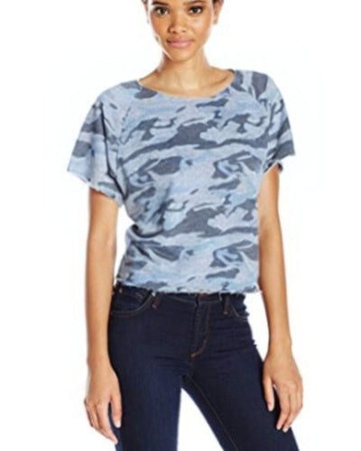 MONROW Clothing Small Cropped Raw Hem Camo Top