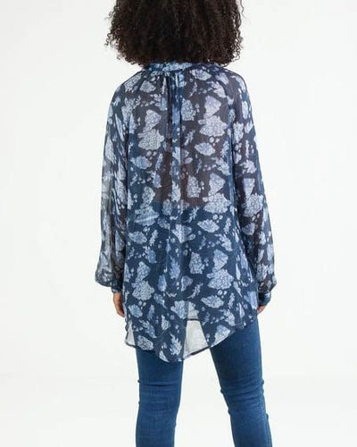 Raquel Allegra Clothing Medium Navy Ruffle Chiffon Blouse