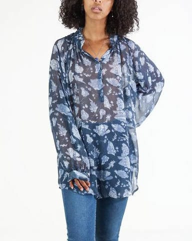 Raquel Allegra Clothing Medium Navy Ruffle Chiffon Blouse