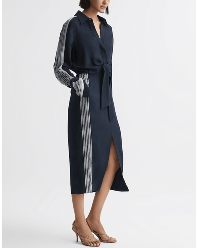 REISS Clothing Large | US 10 Navy Arabella Side Stripe Tie Front Midi Dress