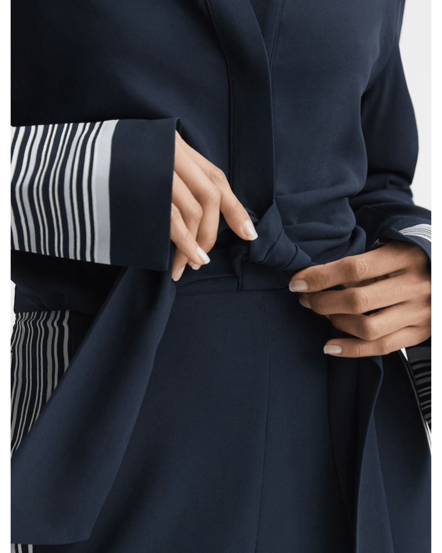 REISS Clothing Large | US 10 Navy Arabella Side Stripe Tie Front Midi Dress