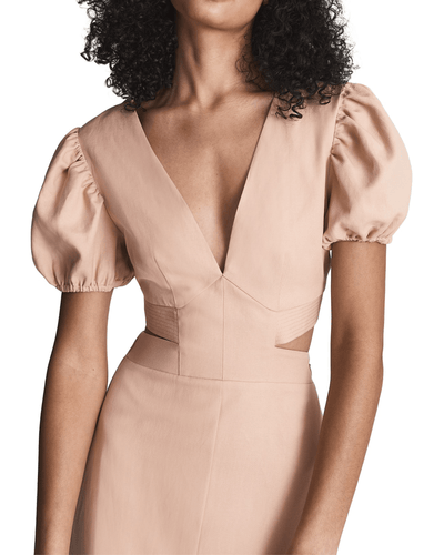 REISS Clothing Small | US 4 Jennah Puff Sleeve Cut Out Back Midi Dress