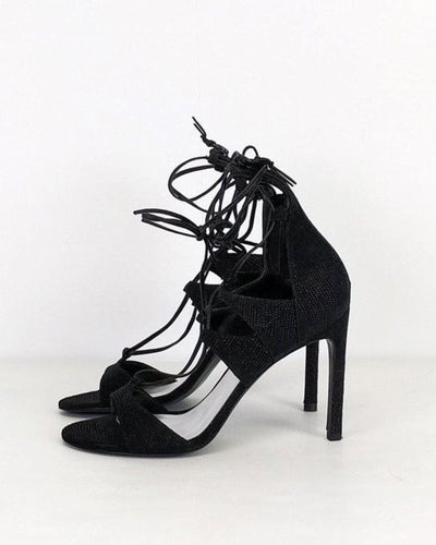 Stuart Weitzman Shoes Medium | US 8 Stuart Weitzman 'Legwrap Black Goose Bump' Sandals