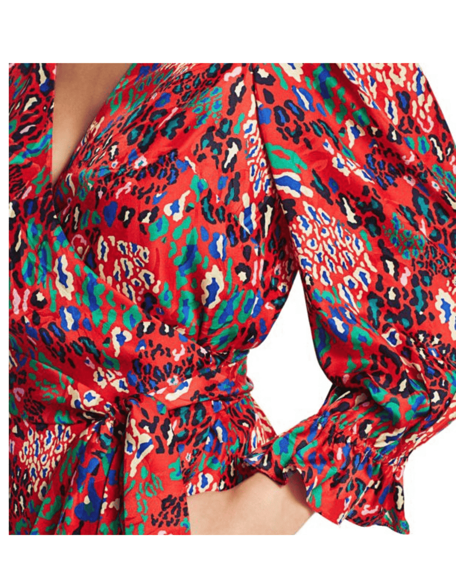 Tanya Taylor Clothing Medium | US 6 Tanya Taylor-Kaylee Mixed Animal Print Silk Wrap Puff-Sleeve Blouse