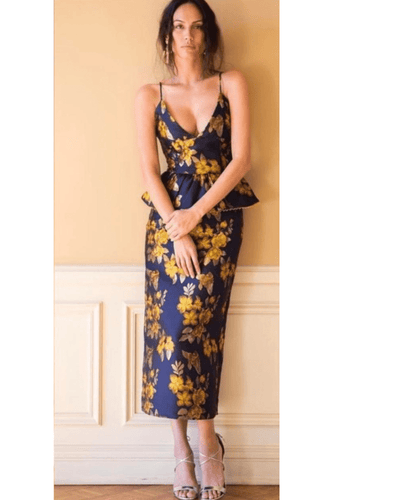 V.Chapman Clothing Medium Baroque Love Navy Floral Midi Corset Dress