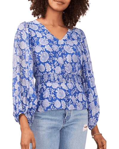 Vince Camuto Clothing Medium Blue Bubble Sleeve Flutter Blouse