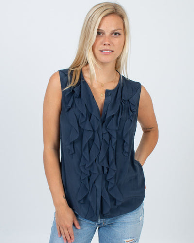 Elie Tahari Clothing Small Navy Silk Ruffle Blouse