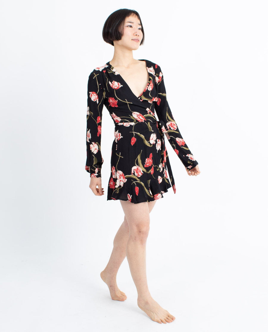 Privacy Please Clothing XS Black Floral Wrap Mini Dress