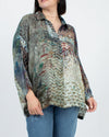 YAVÏ Clothing Large Long Sleeve Printed Silk Button Down Blouse